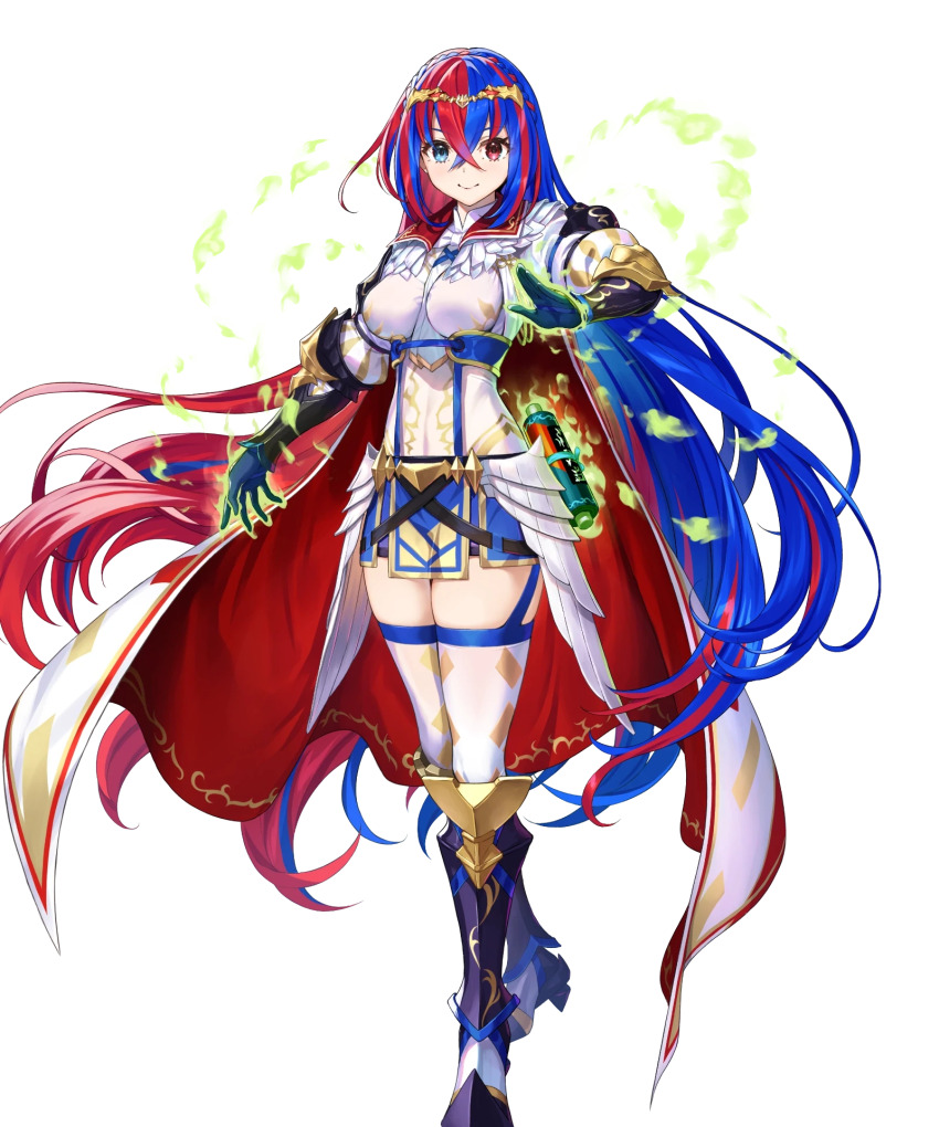 1girl armor armored_boots blue_eyes blue_hair boots breasts cape closed_mouth elbow_pads female_alear_(awoken_divinity)_(fire_emblem) female_alear_(fire_emblem) fire_emblem fire_emblem_engage fire_emblem_heroes full_body gauntlets gloves gold_trim hands_up heterochromia highres jewelry knee_boots kousei_horiguchi long_hair long_sleeves looking_at_viewer medium_breasts miniskirt multicolored_hair nintendo non-web_source official_art pale_skin pelvic_curtain puffy_sleeves red_eyes red_hair scroll skirt smile solo standing thighhighs tiara transparent_background zettai_ryouiki
