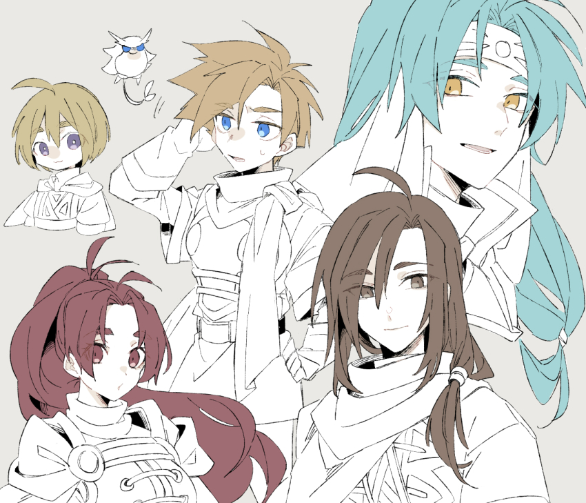 1girl 4boys aqua_hair blonde_hair bowl_cut brown_eyes brown_hair cape_clasp clasp cloak djinn_(golden_sun) felix_(golden_sun) gloves golden_sun grey_background hand_on_own_hip headband high_ponytail highres iori_8653 isaac_(golden_sun) ivan_(golden_sun) jenna_(golden_sun) light_smile long_hair looking_at_viewer low_ponytail multiple_boys partially_colored piers_(golden_sun) ponytail purple_eyes red_eyes red_hair scratching_head simple_background tunic yellow_eyes