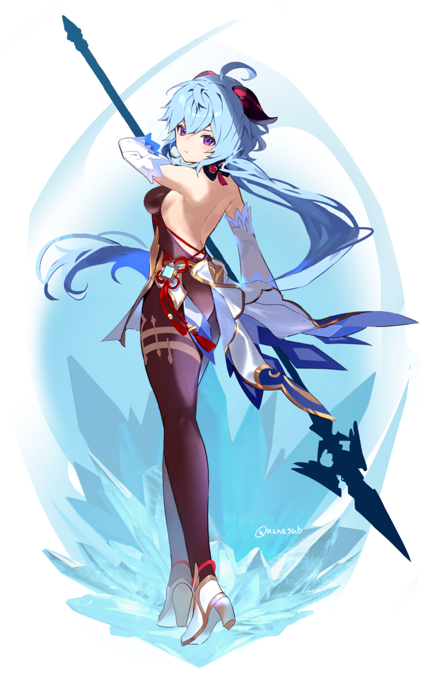 1girl absurdres ahoge anklet azna backless_bodysuit black_bodysuit blue_hair bodysuit breasts closed_mouth detached_sleeves floating_hair from_side full_body ganyu_(genshin_impact) genshin_impact hair_between_eyes highres holding holding_polearm holding_weapon horns jewelry long_hair long_sleeves medium_breasts polearm ponytail purple_eyes sideboob solo spear standing very_long_hair weapon white_footwear white_sleeves