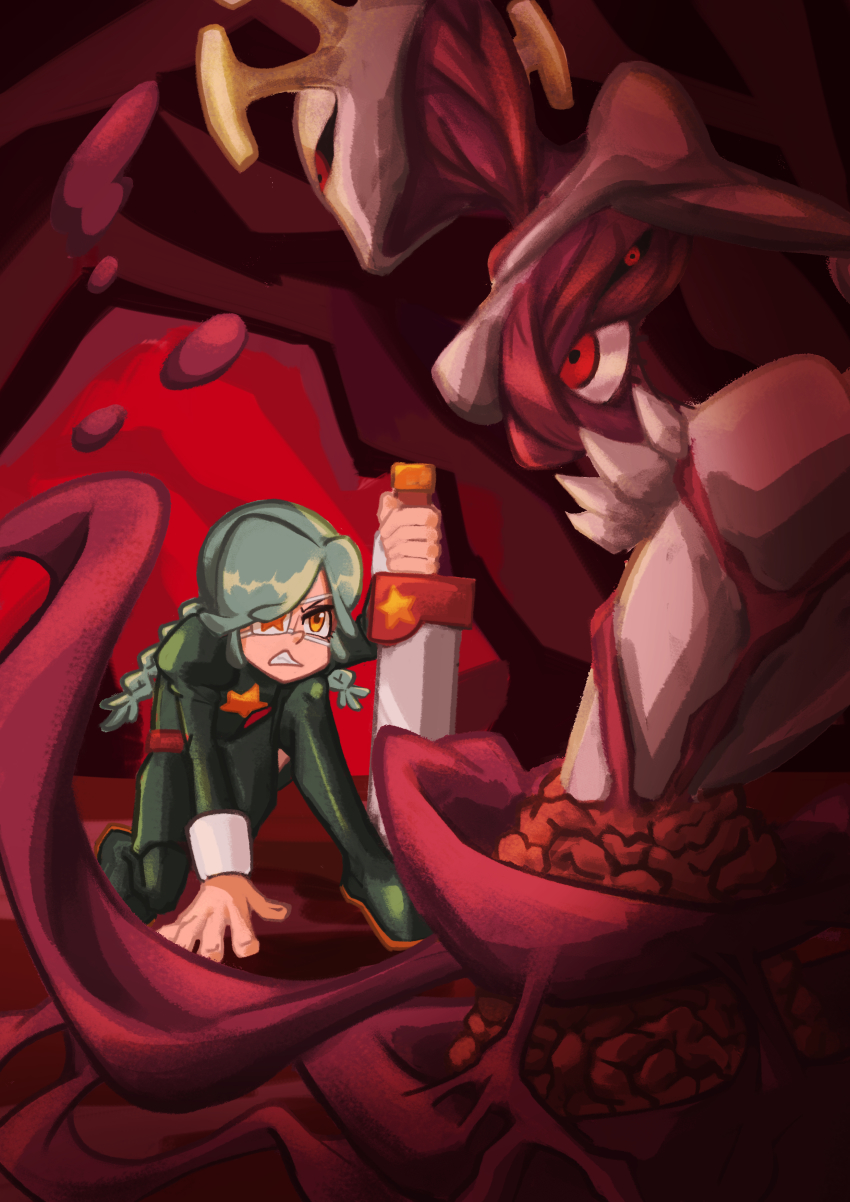 2girls absurdres annie_(skullgirls) black_sclera braid colored_sclera crown double_(skullgirls) extra_eyes eyepatch frown green_hair highres holding holding_sword holding_weapon kneeling monster monster_girl multiple_girls onozawa_(buresu21) red_eyes skullgirls sword twin_braids weapon yellow_eyes