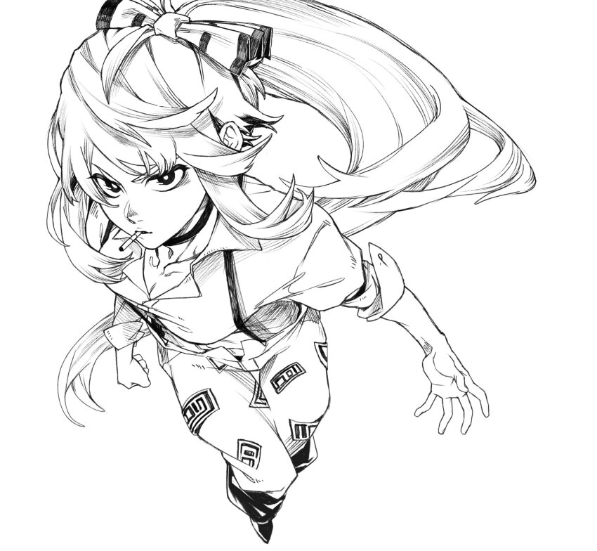 1girl akino_tsuki bow breasts choker cigarette cleavage collared_shirt commentary foreshortening from_above fujiwara_no_mokou full_body greyscale hair_bow highres long_hair looking_at_viewer monochrome ofuda ofuda_on_clothes pants ponytail shirt shoes simple_background solo suspenders symbol-only_commentary touhou very_long_hair white_background