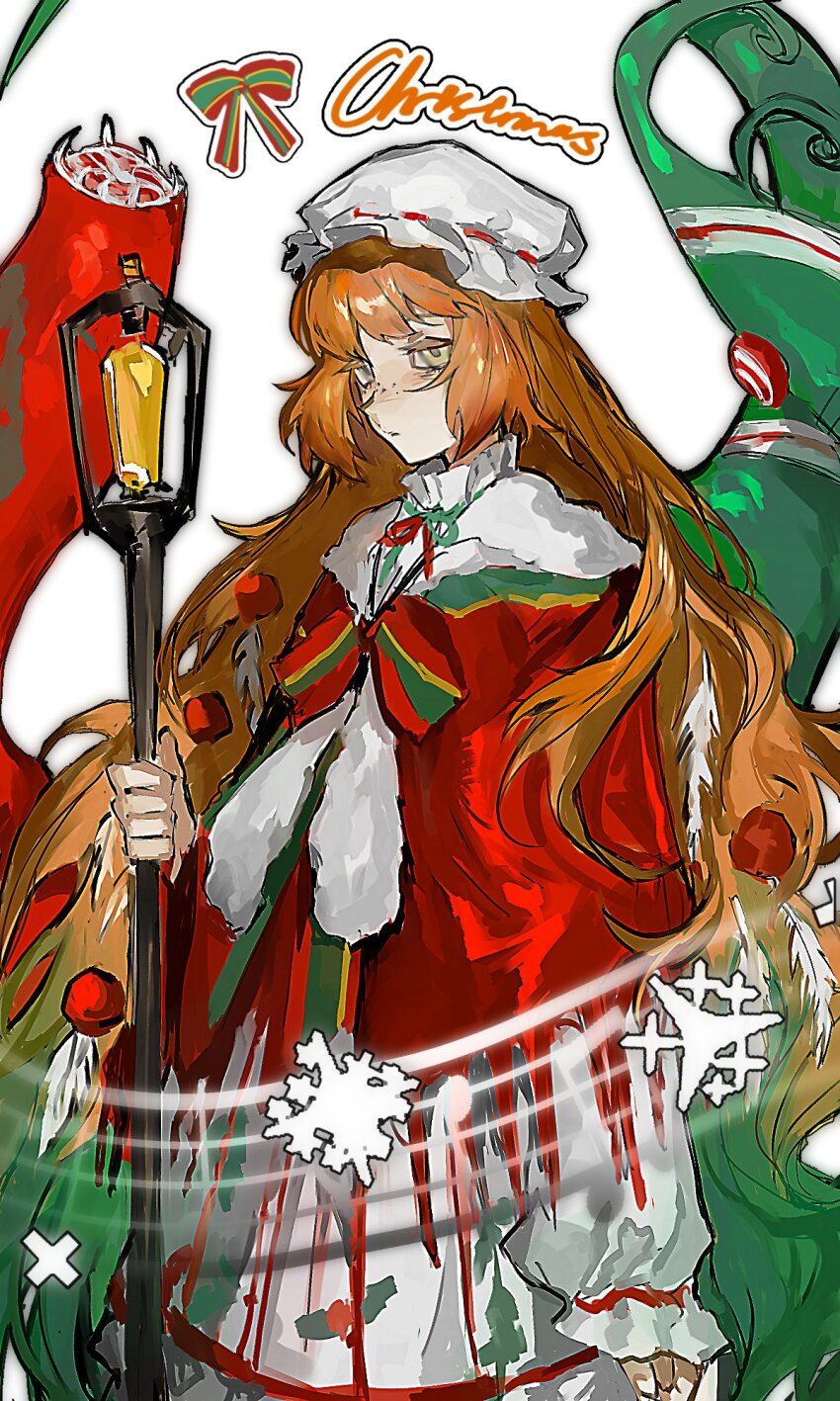 1girl bow bowtie christmas_nightmare_(e.g.o) dress e.g.o_(project_moon) green_eyes hat heinrich_(fernanderuddle) highres holding ishmael_(project_moon) lantern limbus_company long_hair looking_at_viewer mob_cap orange_hair project_moon red_bow red_bowtie red_shawl shawl sidelocks simple_background solo tentacles very_long_hair white_background white_dress