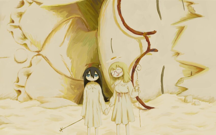 2girls absurdres black_hair blonde_hair blue_eyes closed_eyes egg_yolk glasses hair_between_eyes highres holding holding_hands long_hair long_sleeves looking_at_viewer multiple_girls mushroom open_mouth semi-rimless_eyewear shimeji_simulation smile standing tsukishima_shijima under-rim_eyewear xuwq1h yamashita_majime