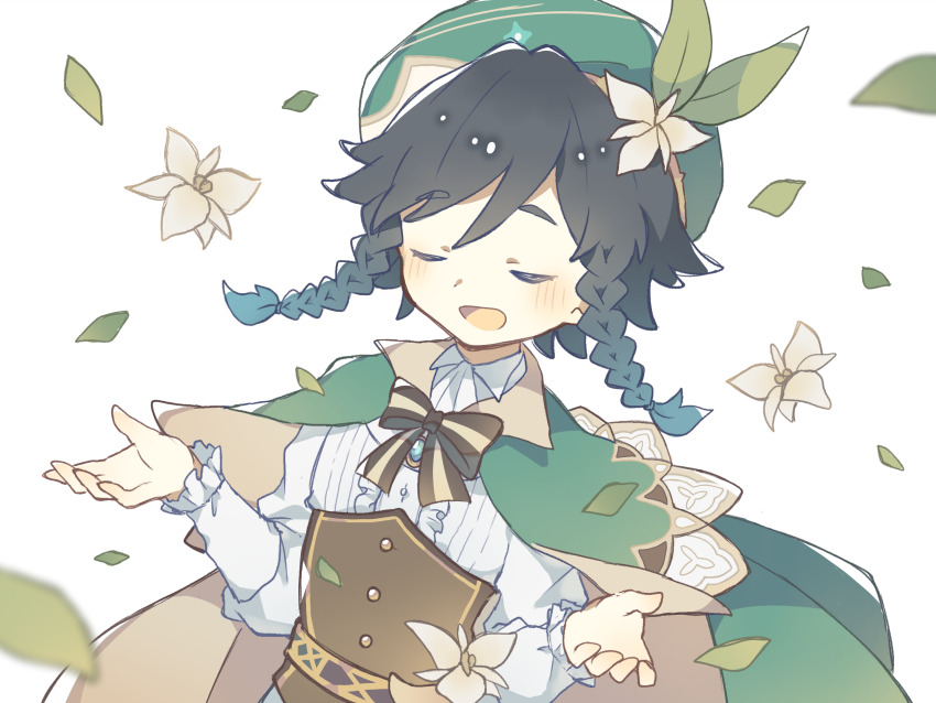 1boy beret black_bow bow braid cape cecilia_flower_(genshin_impact) closed_eyes collared_cape flower genshin_impact gradient_hair green_cape green_hat hat hat_flower highres komano_shia multicolored_hair open_mouth short_hair_with_long_locks side_braids simple_background solo twin_braids upper_body venti_(genshin_impact) white_background white_flower