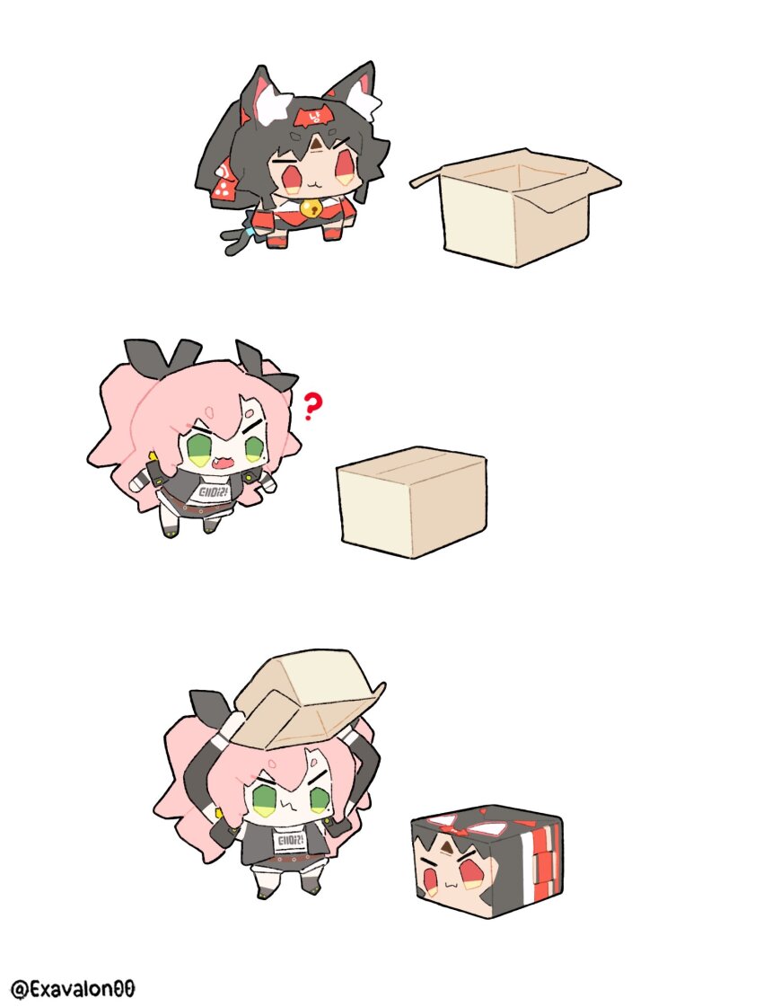 2girls ? animal_ear_fluff animal_ears artist_name barcode barcode_tattoo bell black_hair black_ribbon black_shorts box cable cable_tail cat_ears cat_girl cat_tail chibi dark-skinned_female dark_skin facial_mark forehead_mark forehead_tattoo green_eyes hair_ribbon hairband highres long_hair mechanical_tail mole multiple_girls multiple_tails neck_bell nekomiya_mana nicole_demara open_mouth pink_hair red_eyes red_hairband red_sleeves ribbon shorts sima_(exavalon00) tail tattoo triangle triangle_facial_mark two_tails white_background zenless_zone_zero