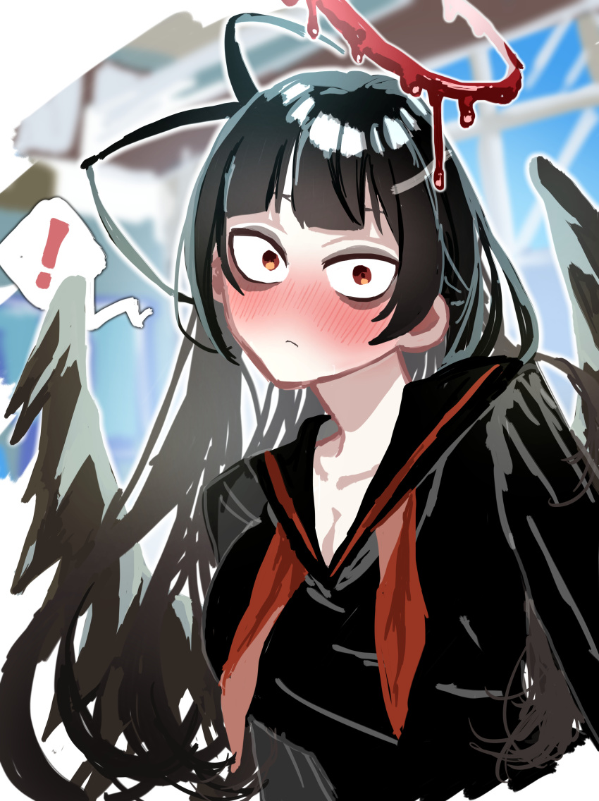 ! 1girl absurdres antenna_hair arima_kana black_hair black_sailor_collar black_serafuku black_wings blood blood_halo blue_archive blush breasts cleavage halo highres large_breasts liquid_halo long_hair looking_at_viewer nose_blush pale_skin red_eyes sailor_collar sakana_no_hone school_uniform serafuku solo speech_bubble spoken_exclamation_mark tsurugi_(blue_archive) tsurugi_(tokyo_blade) wings