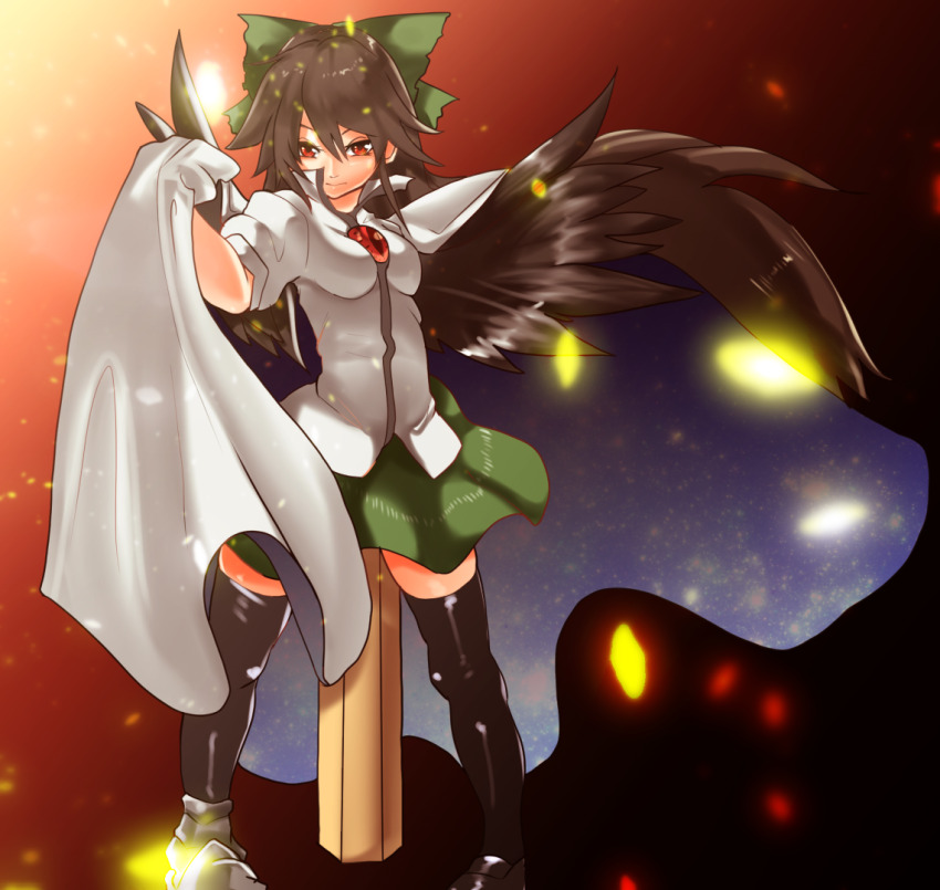 1girl arm_cannon black_hair black_thighhighs black_wings bow breasts cape closed_mouth collared_shirt commentary_request control_rod_(touhou) embers expressionless feathered_wings full_body green_bow green_skirt hair_between_eyes hair_bow long_hair looking_at_viewer medium_breasts orange_background popped_collar print_cape puffy_short_sleeves puffy_sleeves red_eyes reiuji_utsuho shirt short_sleeves skirt solo starry_sky_print thighhighs third_eye touhou two-sided_cape two-sided_fabric unimamo weapon white_cape white_shirt wings