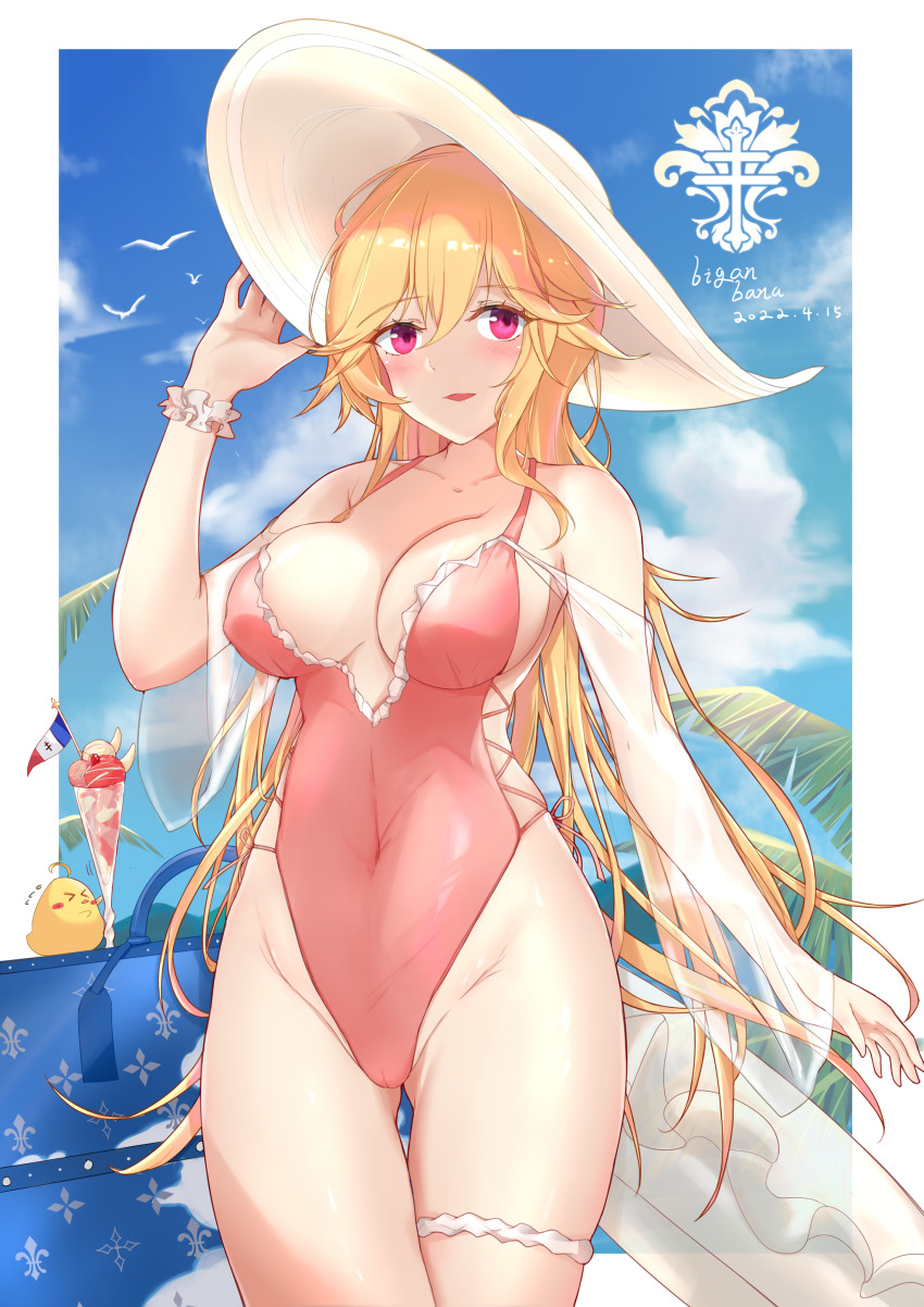 1girl absurdres azur_lane baby_animal biganbanani bird blonde_hair blue_sky breasts casual_one-piece_swimsuit chick cloud frilled_swimsuit frills hat highleg highleg_one-piece_swimsuit highres iris_libre_(emblem) large_breasts long_hair looking_at_viewer manjuu_(azur_lane) one-piece_swimsuit pink_one-piece_swimsuit red_eyes richelieu_(azur_lane) richelieu_(fleuron_of_the_waves)_(azur_lane) side-tie_swimsuit sky sun_hat swimsuit white_headwear