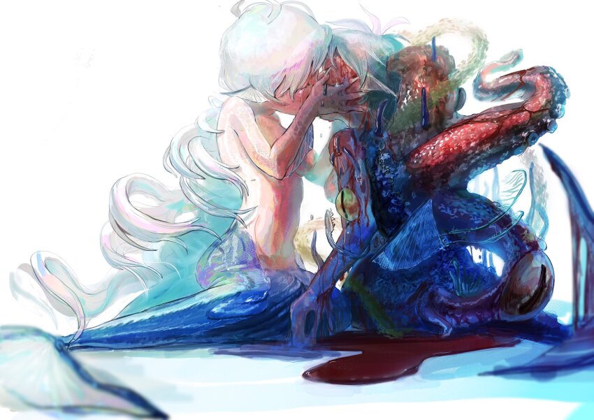 2girls aqua_hair arm_fins blood blood_on_face blood_on_ground blue_theme breasts chakotata closed_eyes crying extra_eyes facing_another fins grey_hair hands_on_another&#039;s_cheeks hands_on_another&#039;s_face hands_up head_fins highres kiss liquid long_hair looking_at_another medium_breasts mermaid monster_girl multiple_girls nude original scylla simple_background sitting tentacles very_long_hair white_background yellow_eyes