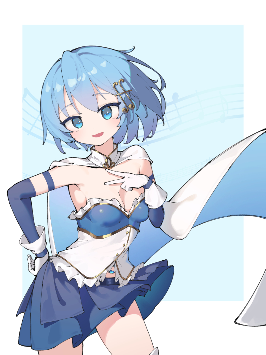 1girl biluoyao blue_background blue_eyes blue_hair blue_skirt border cape detached_sleeves floating_cape fortissimo gloves hair_ornament highres magical_girl mahou_shoujo_madoka_magica mahou_shoujo_madoka_magica_(anime) miki_sayaka miki_sayaka_(magical_girl) musical_note musical_note_hair_ornament outside_border sheet_music short_hair skirt solo soul_gem white_border white_cape white_gloves