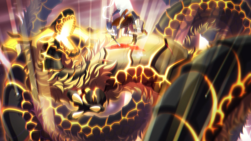 1girl aratama_(toji_no_miko) battle blue_hair blurry brown_skirt claws cuts dragon dragon_horns electricity game_cg glowing holding holding_sword holding_weapon horns injury jacket kai_(toji_no_miko) katana long_hair long_sleeves monster non-web_source open_mouth orange_jacket osafune_girls_academy_school_uniform school_uniform setouchi_chie skirt solo stab sword toji_no_miko toji_no_miko:_kizamishi_issen_no_tomoshibi weapon winter_uniform