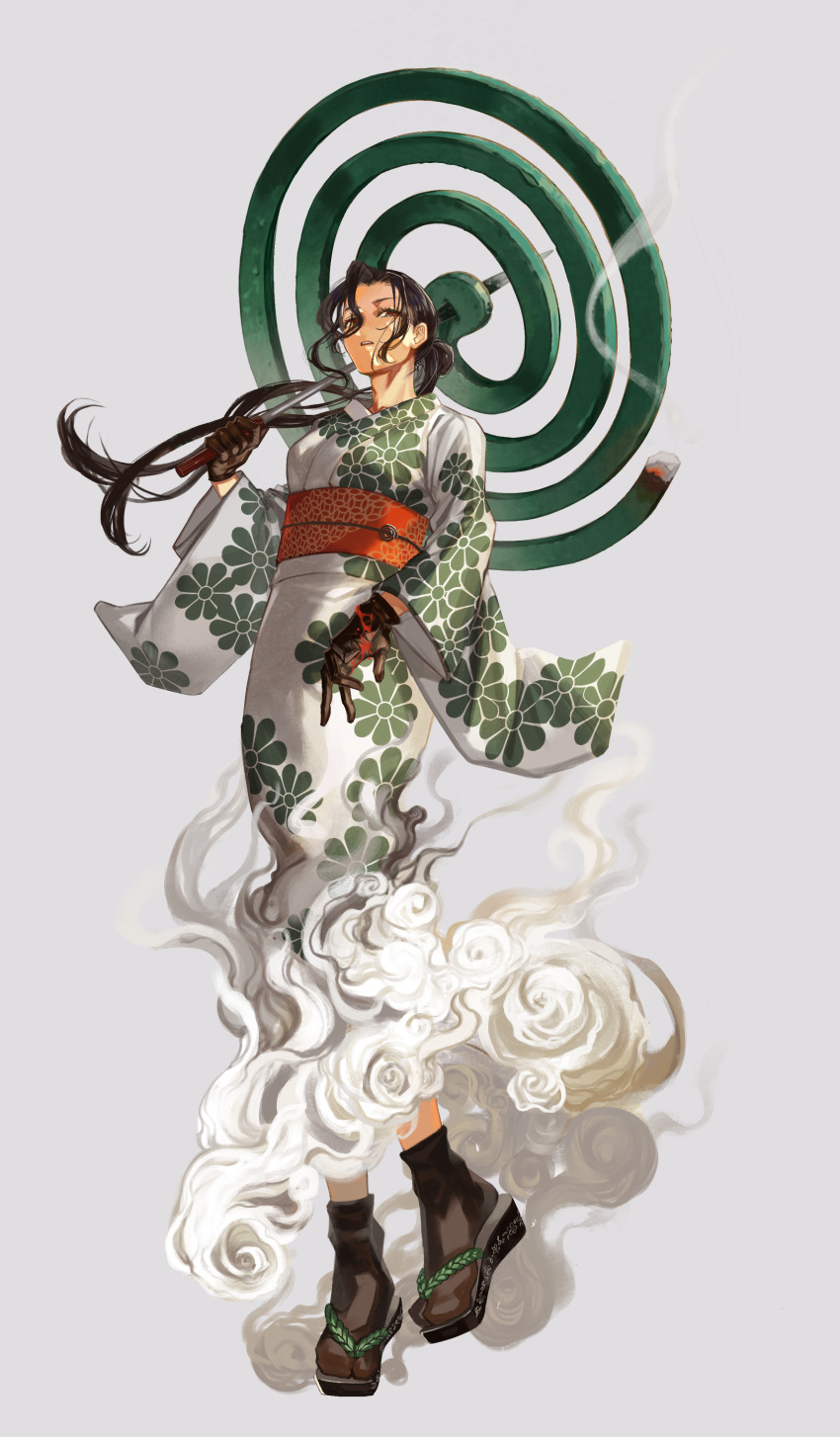 1girl absurdres black_gloves black_hair black_sandals black_socks blood blood_on_hands brown_socks curtained_hair floating_hair floral_print full_body gloves grey_background hair_bun hair_over_one_eye hand_up highres holding japanese_clothes kimono long_hair mosquito_coil obijime original oversized_object parted_lips personification ponytail print_kimono red_eyes red_sash sandals sash simple_background single_hair_bun smoke socks solo standing tabi teeth terusuzuzu wide_sleeves zouri
