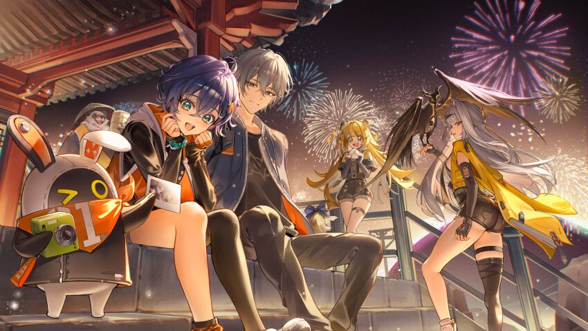 +_+ 2boys 3girls absurdres animal_ears asymmetrical_gloves asymmetrical_legwear bangboo_(zenless_zone_zero) belle_(zenless_zone_zero) bird bird_on_hand black_gloves black_thighhighs blonde_hair blue_hair crossed_bangs elbow_gloves eous_(zenless_zone_zero) fingerless_gloves fireworks gloves green_eyes grey_hair hair_between_eyes hair_ornament highres hood hood_down hooded_jacket jacket ju_fufu letter_hair_ornament long_hair long_sleeves looking_at_viewer mismatched_legwear multiple_boys multiple_girls night open_clothes open_jacket open_mouth orange_gloves pan_yinhu rity second-party_source short_hair single_thighhigh sitting smile socks standing thigh_strap thighhighs tiger_ears tiger_girl uneven_gloves uneven_legwear wise_(zenless_zone_zero) yixuan_(zenless_zone_zero) zenless_zone_zero