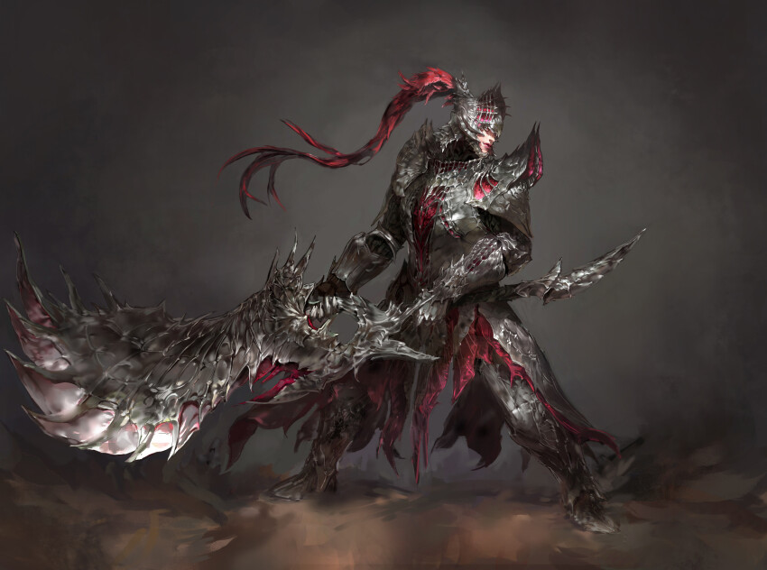 1boy absurdres armor armored_boots boots breastplate facing_viewer full_armor full_body gauntlets greatsword helmet highres holding holding_sword holding_weapon huge_weapon jagged_sword kang_jihun_(ahelove5427) pauldrons red_plume shoulder_armor solo spiked_armor standing sword weapon