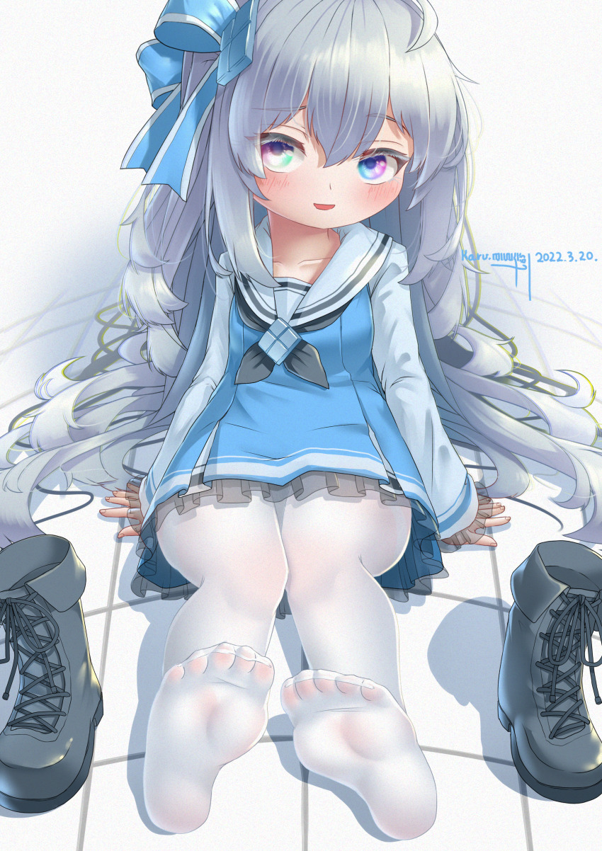 1girl absurdres ahoge black_neckerchief blue_boots blue_bow blue_dress blue_eyes blush boots bow breasts chinese_commentary closed_mouth dated dress eyebrows_hidden_by_hair feet female_focus frilled_dress frills full_body grey_hair hair_bow highres karv loli long_hair long_sleeves looking_at_viewer lying microsoft_windows neckerchief on_back on_floor one_side_up os-tan pantyhose sailor_collar see-through_clothes shirt signature small_breasts solo unworn_boots white_pantyhose white_sailor_collar white_shirt windows_11 windows_logo