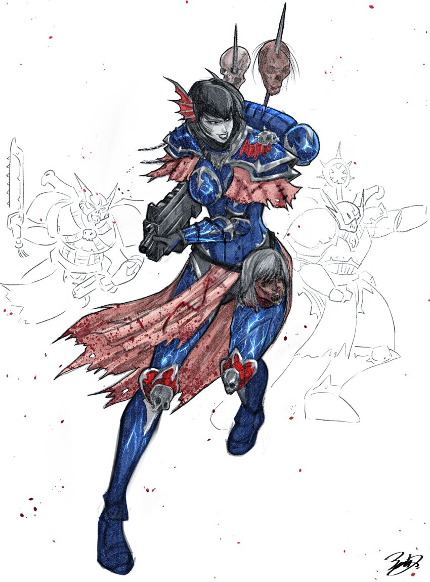 1girl absurdres adepta_sororitas adeptus_astartes armor black_hair black_lips black_sclera blue_armor bolter colored_sclera colored_skin grey_skin grin head_on_pike head_wings highres loincloth night_lords power_armor severed_head signature smile solo_focus teeth warhammer_40k weapon wings yomzz_zzz
