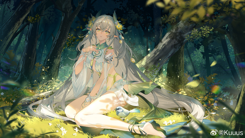 1girl analogous_colors armlet barefoot bird breasts feet flower forest full_body grass hair_flower hair_ornament hand_up highres jewelry kuuus lamia:_lost_lullaby_(pgr) lamia:_lost_lullaby_(solitary_longings)_(pgr) lamia_(pgr) leaf leaf_hair_ornament legs logo long_hair nature official_alternate_costume official_art outdoors pointy_ears punishing:_gray_raven sitting solo toes tree watermark weibo_username weibo_watermark white_hair