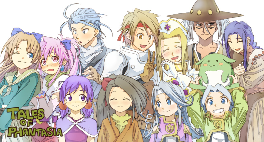 4boys 6+girls amy_barklight arche_klein blonde_hair blush bracelet character_request chester_burklight claus_f._lester closed_mouth cress_albane dio_(tales) earrings fujibayashi_suzu gloves hat jewelry kuruuru long_hair looking_at_viewer medium_hair mel_(tales) milard_rune mint_adenade multiple_boys multiple_girls nurse_cap open_mouth pink_eyes pink_hair ponytail short_hair simple_background smile tales_of_(series) tales_of_phantasia tales_of_phantasia:_narikiri_dungeon tales_of_phantasia:_narikiri_dungeon_x toraneko v white_background wide_ponytail