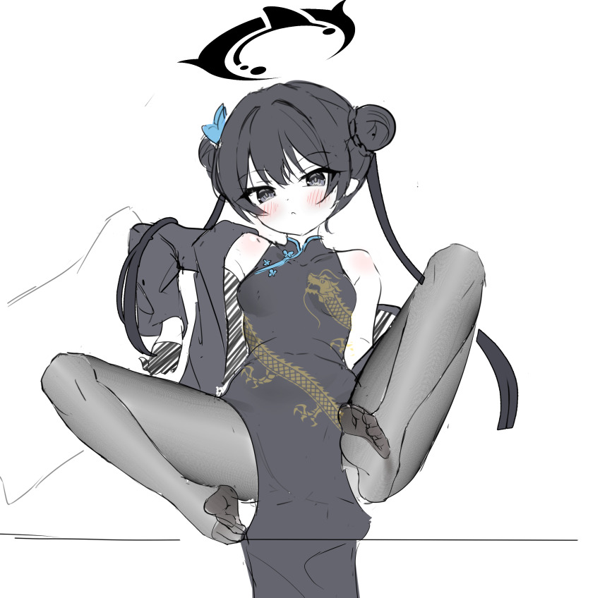1girl :&lt; absurdres black_dress black_eyes black_gloves black_hair black_halo black_jacket blue_archive blush braid braided_bun breasts butterfly_hair_ornament china_dress chinese_clothes closed_mouth commentary_request double_bun dragon_print dress gloves grey_jacket grey_pantyhose hair_bun hair_ornament halo highres j.j_(66752902) jacket jacket_partially_removed kisaki_(blue_archive) korean_commentary long_hair looking_at_viewer mandarin_collar no_shoes pankou pantyhose pelvic_curtain print_dress reclining shiny_skin simple_background single_bare_shoulder sketch sleeveless sleeveless_dress small_breasts soles solo spread_legs toes twintails unfinished white_background