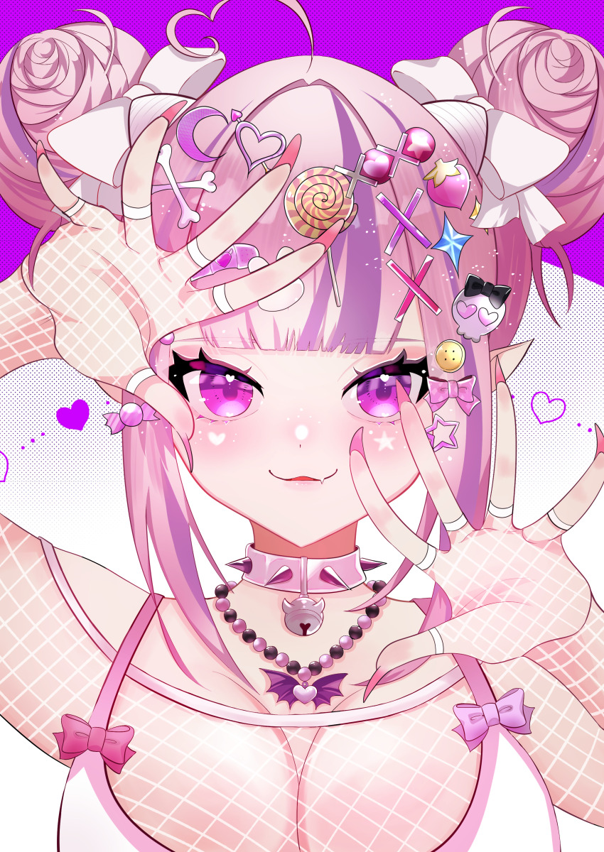 1girl absurdres ahoge bandaid bandaid_hair_ornament bead_necklace beads bell blush bone_hair_ornament bow bra breasts candy_hair_ornament choker clip_studio_paint_(medium) commentary crescent crescent_hair_ornament dated double_bun fang fingernails fishnet_top fishnets food-themed_hair_ornament ginpe_souda hair_bow hair_bun hair_ornament hands_up heart heart_ahoge heart_collar heart_hair_ornament heart_in_eye highres ironmouse jewelry jingle_bell large_breasts lollipop_hair_ornament long_fingernails looking_at_viewer multicolored_hair nail_polish neck_bell necklace parted_lips pink_background pink_bow pink_bra pink_choker pink_eyes pink_hair pink_nails pointy_ears polka_dot polka_dot_background purple_hair skin_fang skull_hair_ornament smile solo spiked_choker spikes star_(symbol) star_hair_ornament strawberry_hair_ornament streaked_hair symbol_in_eye two-tone_background two-tone_bra two-tone_hair underwear virtual_youtuber vshojo white_background white_bow white_bra wing_collar