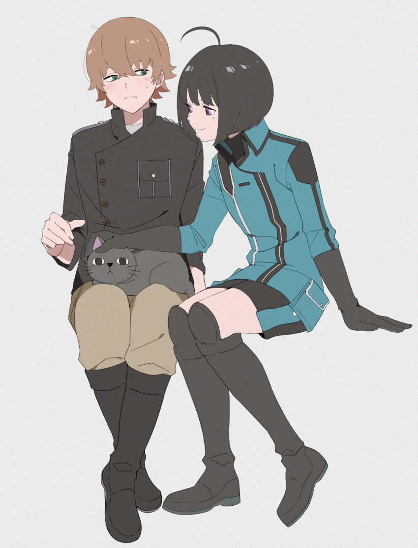 &lt;o&gt;_&lt;o&gt; 1boy 1girl ahoge amatori_chika animal animal_on_lap black_cat black_footwear black_gloves black_hair black_skirt blush bob_cut boots breast_pocket brown_hair brown_pants cat closed_mouth crossed_ankles ema_yuzuru frown full_body gloves grey_background headpat highres invisible_chair jacket knee_boots knees_together_feet_apart long_sleeves looking_at_animal looking_at_another miniskirt nervous on_lap pants pants_tucked_in pocket purple_eyes short_hair sideways_glance simple_background sitting skirt smile sweat uniform world_trigger yawai_tofu