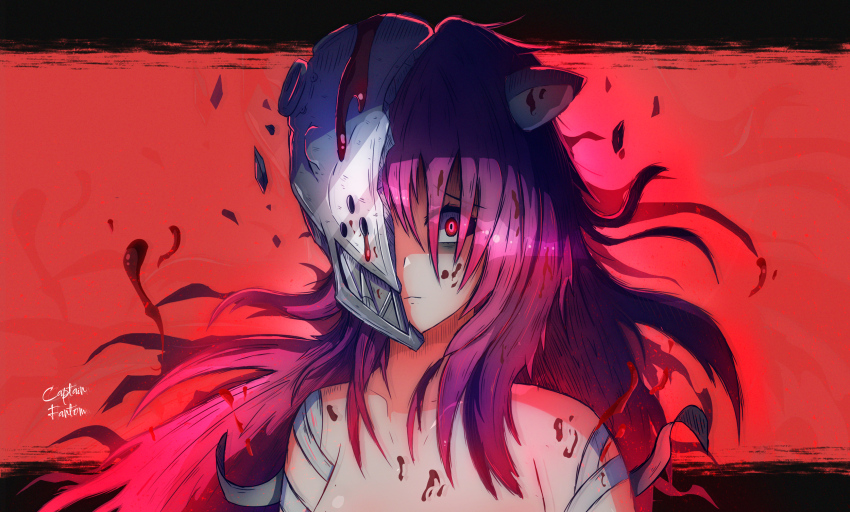 1girl artist_name bandaged_arm bandages blood blood_in_hair blood_on_face broken_helmet broken_mask captainfantom creepy_eyes elfen_lied highres horns horror_(theme) long_hair looking_at_viewer lucy_(elfen_lied) mask nude pink_hair red_background red_eyes