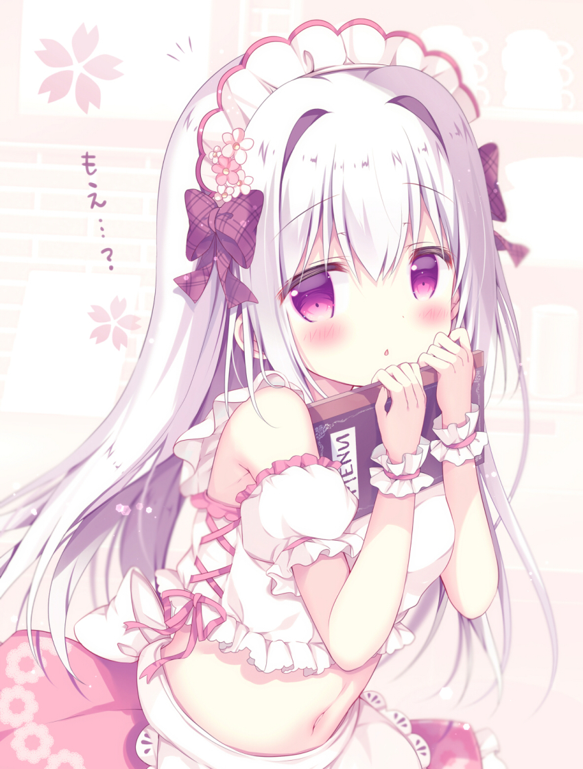 1girl apron azumi_kazuki bare_shoulders blush bow breasts brick_wall commentary_request crop_top detached_sleeves flower grey_hair hair_between_eyes hair_bow hair_flower hair_intakes hair_ornament highres holding holding_menu indoors long_hair looking_at_viewer maid_headdress medium_breasts menu midriff navel original parted_lips pink_flower pink_skirt plaid_bow puffy_short_sleeves puffy_sleeves purple_eyes red_bow short_sleeves skirt solo translation_request very_long_hair waist_apron waitress white_apron white_flower white_sleeves