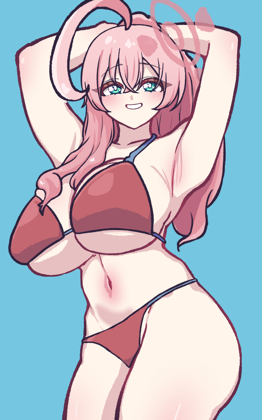1girl absurdres armpit_crease arms_up bikini blue_archive blue_background breasts contrapposto green_eyes halo hanako_(blue_archive) highres huge_breasts navel panatisia pink_hair red_bikini smile solo standing swimsuit underboob