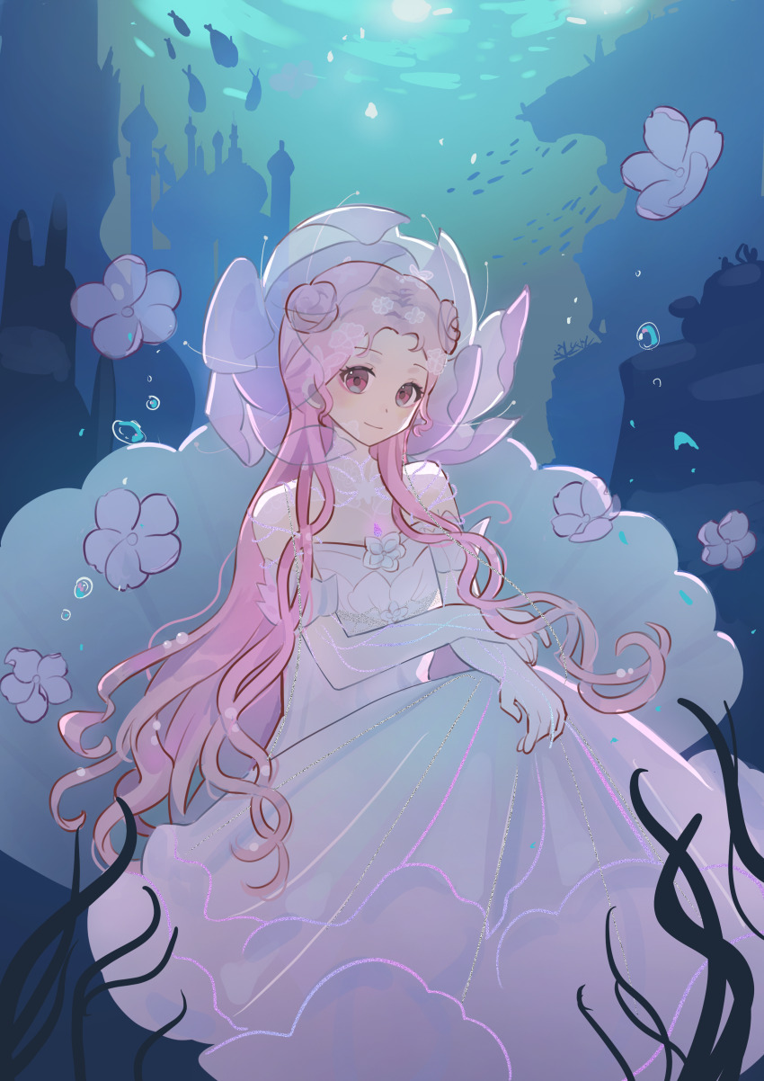 1girl absurdres brown_eyes bubble butterfly_hair_ornament castle clam closed_mouth collar detached_collar dot_nose double_bun dress elbow_gloves eyelashes flower flower_hat forehead frilled_dress frills full_body gloves gown hair_bun hair_flower hair_ornament hand_on_own_arm hat high_collar highres lace_collar light_blush light_particles long_dress long_hair long_sidelocks nikki_(nikki) nikki_(series) off-shoulder_dress off_shoulder pink_hair pleated_dress purple_flower purple_hat school_of_fish seaweed shining_nikki short_sleeves sidelocks sitting smile solo tongxin901 underwater vast_blossom_(shining_nikki) very_long_hair wavy_hair white_collar white_dress white_gloves