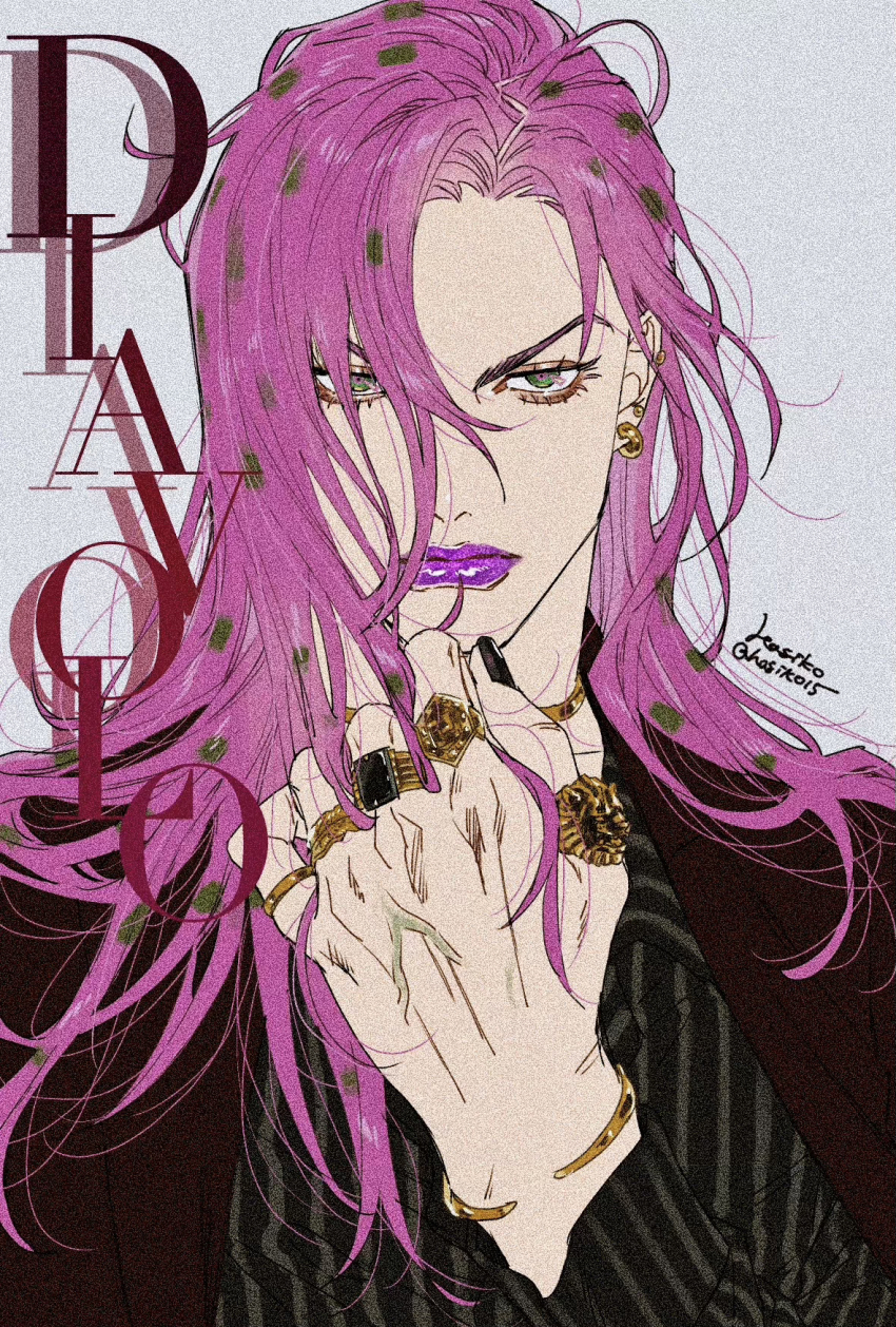 1boy bracelet brown_suit character_name diavolo ear_piercing earrings film_grain formal_clothes gold_bracelet gold_earrings green_eyes hagiko15 hair_between_eyes highres jewelry jojo_no_kimyou_na_bouken long_hair looking_at_viewer male_focus piercing pink_hair polka_dot_hair purple_lips ring shirt signature simple_background solo striped_clothes striped_shirt suit twitter_username upper_body veins veiny_hands vento_aureo white_background