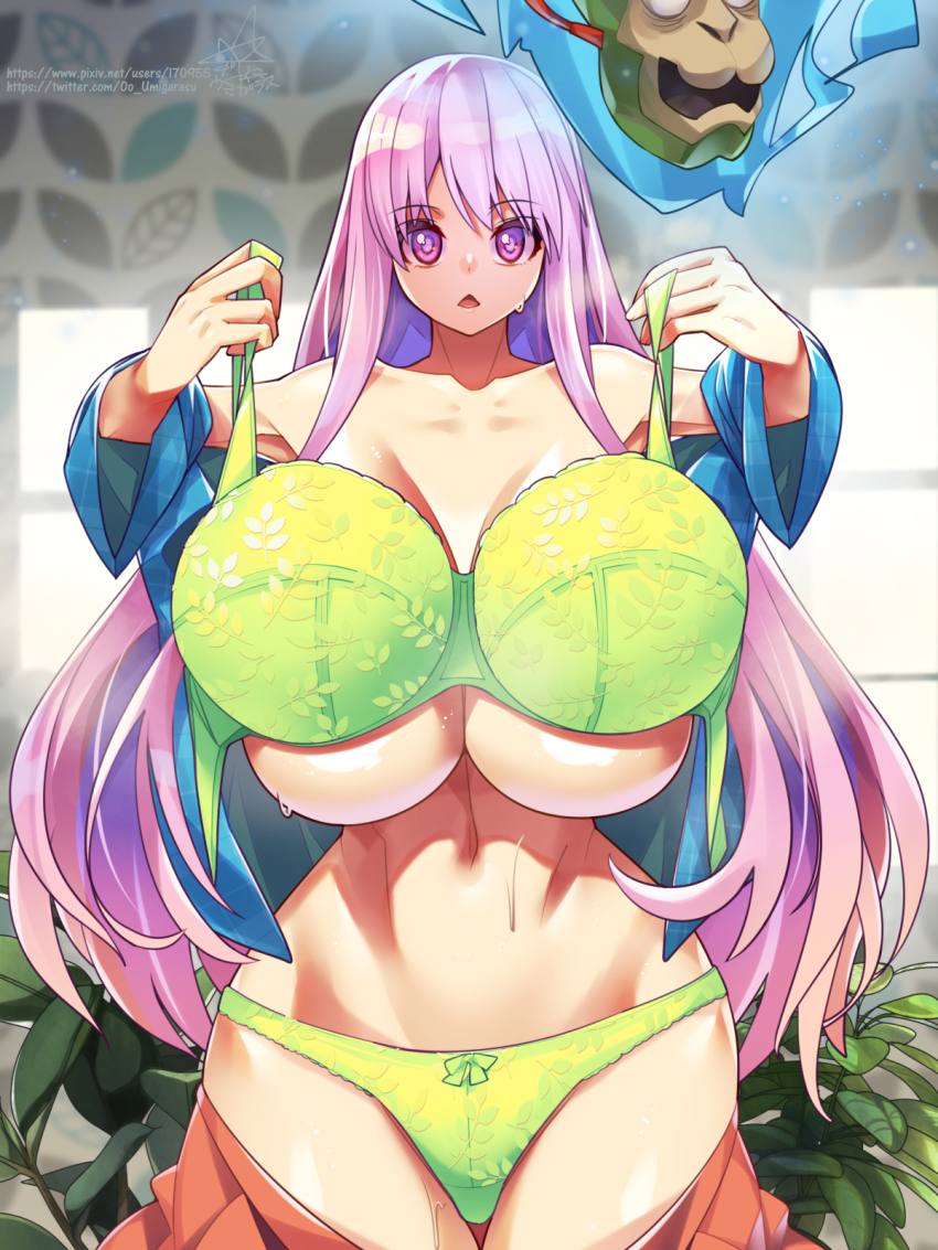 1girl :&lt; bare_shoulders blue_fire blue_shirt blush bow bow_panties bra breasts clothes_pull collarbone cowboy_shot fire green_bra green_panties groin hata_no_kokoro highres holding holding_bra holding_underwear holding_unworn_clothes huge_breasts indoors leaf leaf_print light_particles linea_alba long_hair long_sleeves looking_at_viewer mask open_mouth panties pink_eyes pink_hair pink_skirt pixiv_id pixiv_username plaid_clothes plaid_shirt plant shiny_skin shirt signature skirt skirt_pull solo standing stomach sweat thigh_gap touhou twitter_username umigarasu_(kitsune1963) underboob underwear unworn_bra very_long_hair