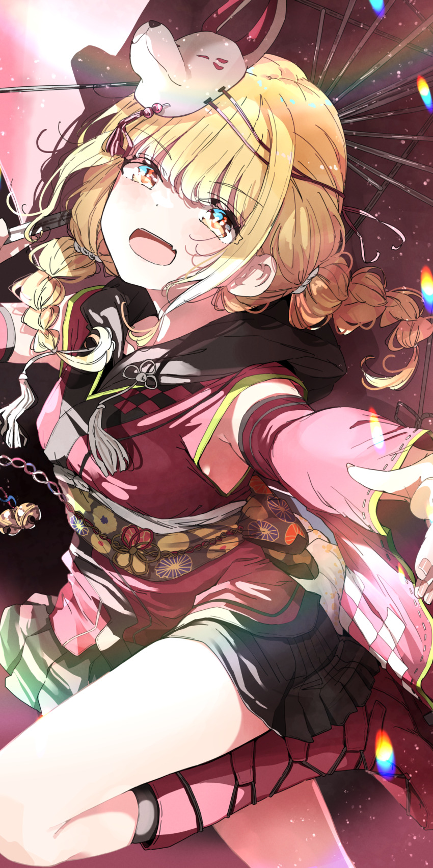 1girl black_skirt blonde_hair blush boots braid breasts detached_sleeves fujita_kotone gakuen_idolmaster hakama hakama_short_skirt hakama_skirt haori highres idolmaster japanese_clothes kimono long_hair long_sleeves looking_at_viewer low_twin_braids nyoijizai obi open_mouth pink_boots pink_kimono print_kimono sash skirt small_breasts smile solo twin_braids wide_sleeves