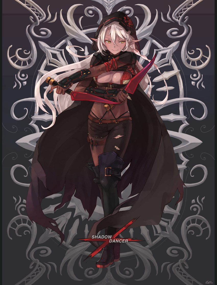 absurdres assassin belt black_boots black_gloves bodystocking bodysuit boots braid brown_eyes cleavage_cutout cloak clothing_cutout dungeon_and_fighter floral_print gloves highres holding holding_knife holding_weapon hood hooded_cloak knife looking_to_the_side messy_hair rose_print shadow_dancer_(dungeon_and_fighter) smile thief_(dungeon_and_fighter) torn_clothes twin_braids weapon white_hair