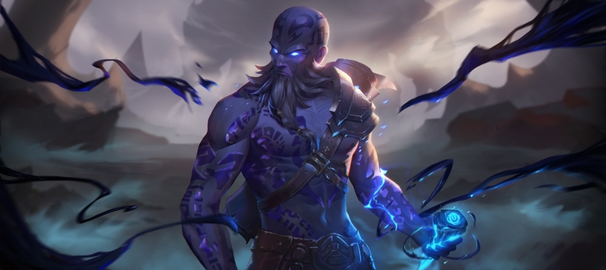 1boy armor beard blue_eyes blue_skin closed_mouth colored_skin cowboy_shot electricity facial_hair glowing glowing_eyes highres holding jangsunyo league_of_legends magic navel outdoors runes ryze shoulder_armor solo tattoo toned toned_male