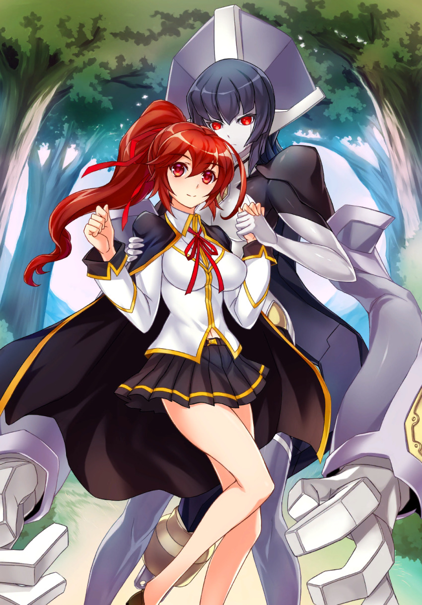 2girls ahoge black_cape blazblue blazblue:_chronophantasma blazblue_alternative:_dark_war blazblue_phase_0 bow breasts brown_eyes brown_hair cape celica_a._mercury grey_hair hair_ribbon holding_hands highres medium_breasts minerva_(blazblue) miniskirt multiple_girls navel official_art pleated_skirt ponytail red_eyes red_ribbon ribbon robot school_uniform skirt smile