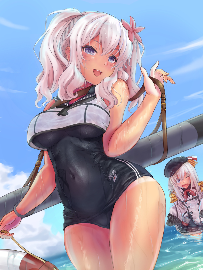 2girls bare_arms bare_legs bare_shoulders beret black_headwear black_one-piece_swimsuit black_sailor_collar black_skirt blonde_hair blue_eyes blush collared_shirt cosplay costume_switch day em_s epaulettes flower grey_shirt hair_between_eyes hair_flower hair_ornament hat highres jacket kantai_collection kashima_(kancolle) kashima_(kancolle)_(cosplay) kerchief long_hair long_sleeves military military_uniform multiple_girls one-piece_swimsuit one_eye_closed open_mouth pink_flower pleated_skirt ro-500_(kancolle) ro-500_(kancolle)_(cosplay) sailor_collar sailor_shirt school_swimsuit shirt skirt sleeveless sleeveless_shirt sleeves_past_fingers sleeves_past_wrists smile swimsuit torpedo twintails white_hair white_jacket white_shirt