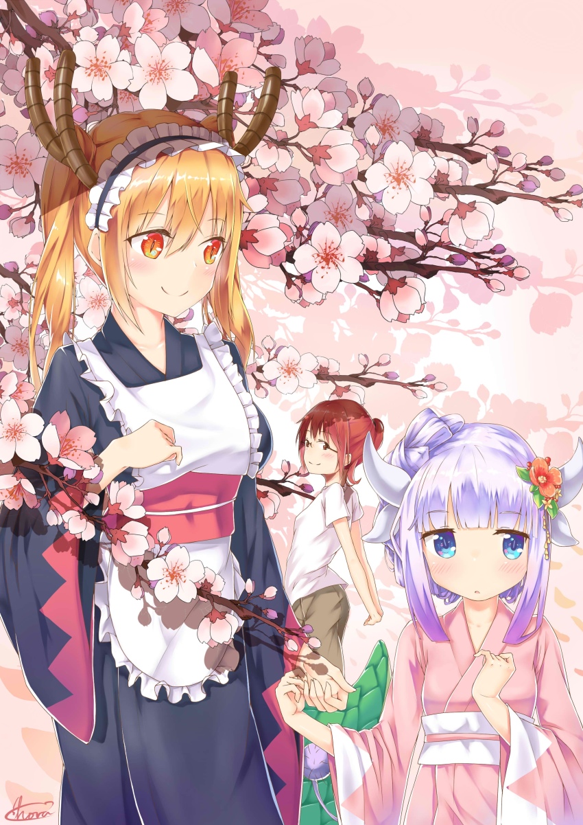 10s absurdres alternate_hairstyle blonde_hair blue_eyes brown_eyes cherry_blossoms cyta_celest dragon_girl dragon_horns dragon_tail glasses hair_ornament highres horns japanese_clothes kanna_kamui kimono kobayashi-san_chi_no_maidragon kobayashi_(maidragon) large_tail light_purple_hair long_hair maid maid_headdress obi orange_eyes ponytail red_hair sash slit_pupils smile tail tohru_(maidragon) twintails wa_maid yukata