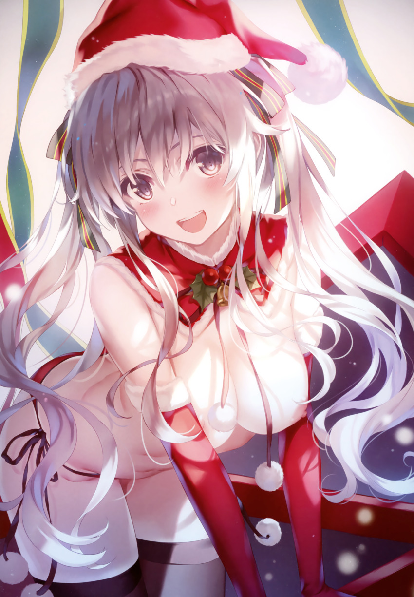 1girl absurdres bare_shoulders bell blush breasts brown_eyes comic_aun detached_collar elbow_gloves fur_trim gloves hat highres leaning_forward light_brown_hair long_hair looking_at_viewer medium_breasts misaki_kurehito navel neck_bell nipples open_mouth panties pom_pom_(clothes) santa_hat scan side-tie_panties simple_background smile stomach striped teeth thighhighs thighs twintails underwear upper_teeth_only vertical_stripes
