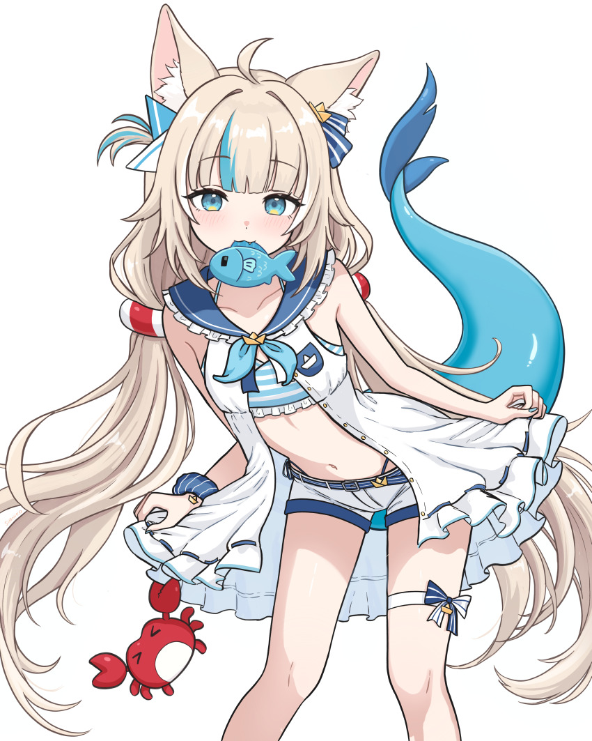 1girl absurdres animal_ear_fluff animal_ears belt bikini bikini_under_clothes blonde_hair blue_bikini blue_eyes blue_hair blue_nails bow cat_ears crab dress feet_out_of_frame fins fish fish_girl fish_tail flat_chest highres indie_virtual_youtuber lifebuoy_hair_ornament long_hair looking_at_viewer low_twintails mouth_hold multicolored_hair nail_polish navel open_clothes open_dress paper_boat sailor_collar sameko_saba sameko_saba_(fish) scrunchie short_shorts shorts simple_background skirt_hold sleeveless solo standing streaked_hair suoniko swimsuit tail twintails virtual_youtuber white_background white_dress white_shorts wrist_scrunchie