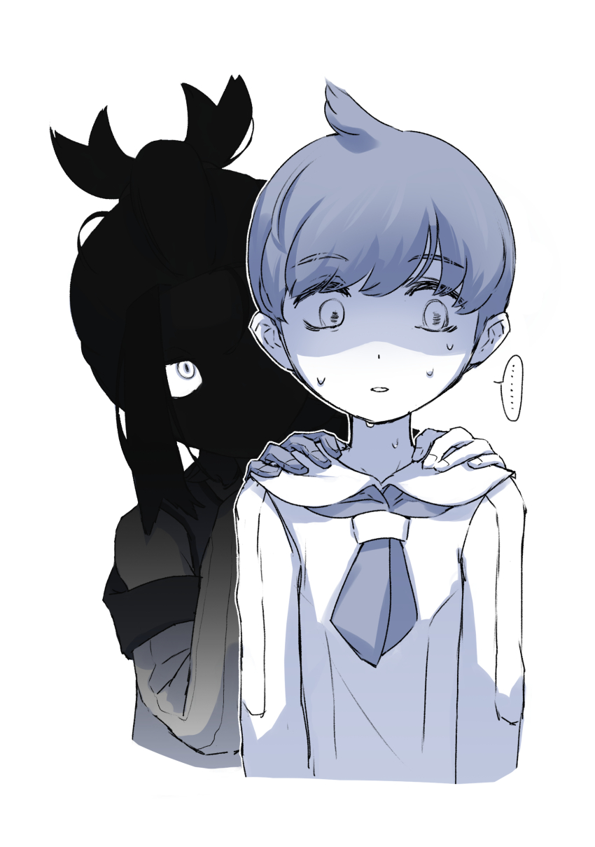 ... 2boys absurdres blueberry_academy_school_uniform commentary_request cropped_torso florian_(pokemon) greyscale hands_on_another&#039;s_shoulders highres jacket kanten_pan kieran_(pokemon) long_sleeves male_focus monochrome multiple_boys neckerchief nintendo off_shoulder parted_lips pokemon pokemon_sv school_uniform shaded_face simple_background spoken_ellipsis sweat upper_body