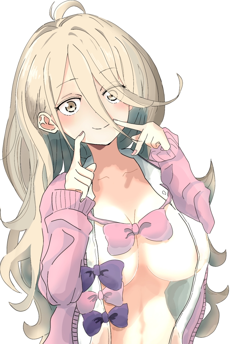 1girl ahoge bow bowtie breasts cardigan closed_mouth collared_shirt fingers_to_cheeks fingers_to_mouth fingersmile grey_eyes grey_hair hair_between_eyes highres large_breasts long_hair long_hair_between_eyes long_sleeves looking_at_viewer make_heroine_ga_oo_sugiru! open_cardigan open_clothes open_shirt pink_bow pink_bowtie pink_cardigan purple_bow purple_bowtie sanpaku school_uniform shikiya_yumeko shirt simple_background smile solo sora_(85084118) upper_body very_long_hair white_background white_shirt