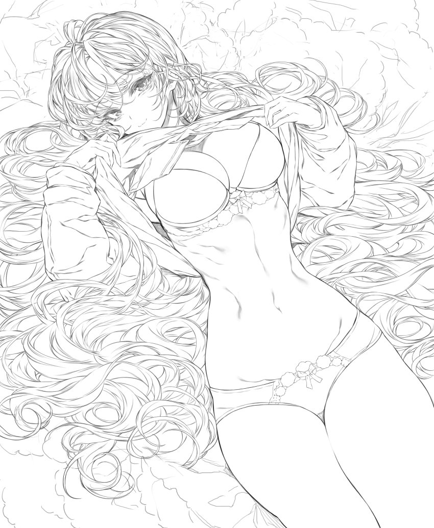 1girl absurdres bow bow_panties breasts cleavage clothes_lift greyscale groin hair_spread_out highres kapa19 large_breasts long_hair looking_at_viewer lying monochrome on_back original panties ribs self_exposure shirt_lift smile solo thigh_gap thighs underwear very_long_hair