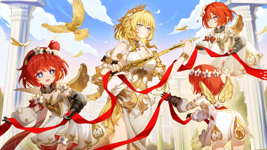 4girls absurdres aglaea_(honkai:_star_rail) ancient_greek_clothes angel_wings bird blonde_hair blue_eyes blue_sky breasts chinese_commentary commentary_request cross-shaped_pupils dress greco-roman_clothes green_eyes head_wreath highres holding holding_sword holding_weapon honkai:_star_rail honkai_(series) huang_tie_lin large_breasts multiple_girls red_hair short_hair sky smile stone_pillar sword symbol-shaped_pupils trianne_(honkai:_star_rail) tribbie_(honkai:_star_rail) trinnon_(honkai:_star_rail) triplets weapon white_dress wings