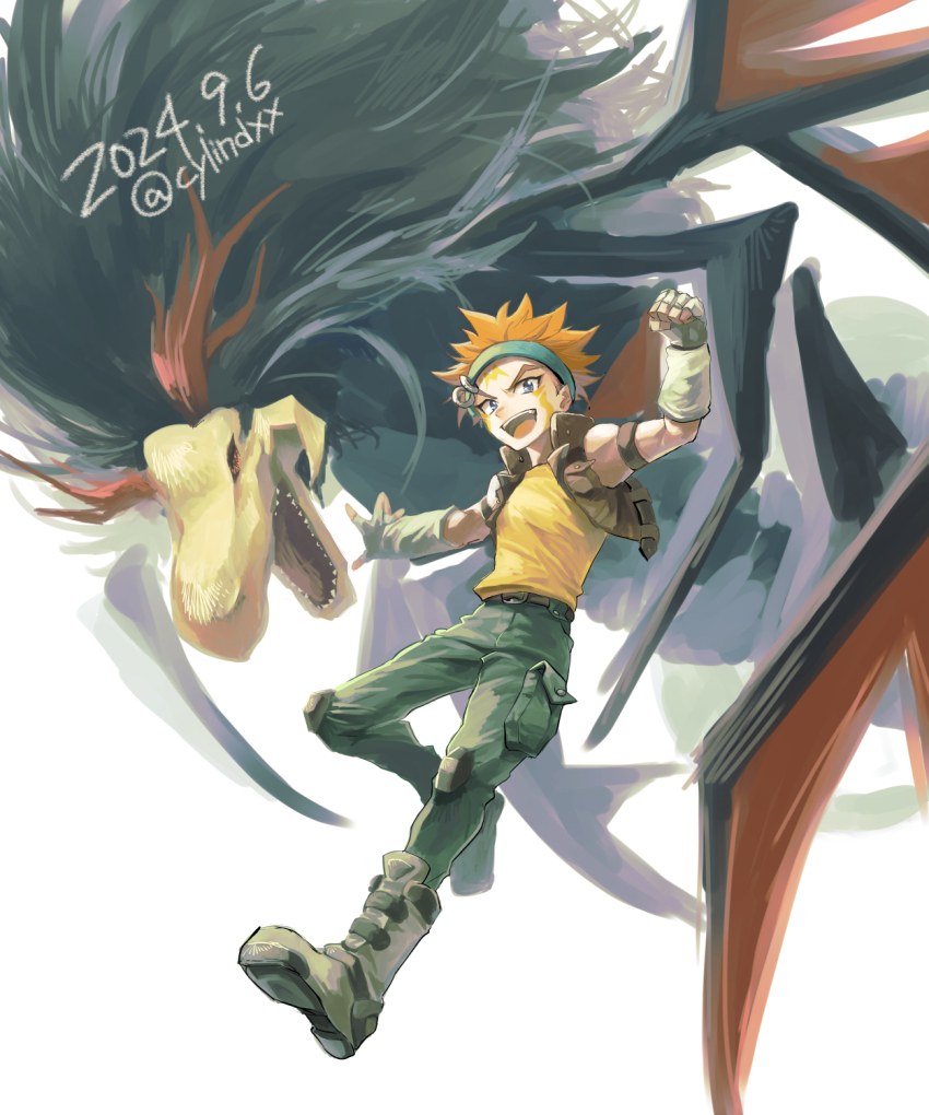 1boy bare_shoulders black-winged_dragon black_fur boots brown_footwear brown_vest crow_hogan cylindxx dragon fingerless_gloves full_body gloves green_pants highres male_focus open_mouth orange_hair pants sharp_teeth shirt short_hair smile teeth upper_teeth_only vest yellow_shirt yu-gi-oh! yu-gi-oh!_5d&#039;s
