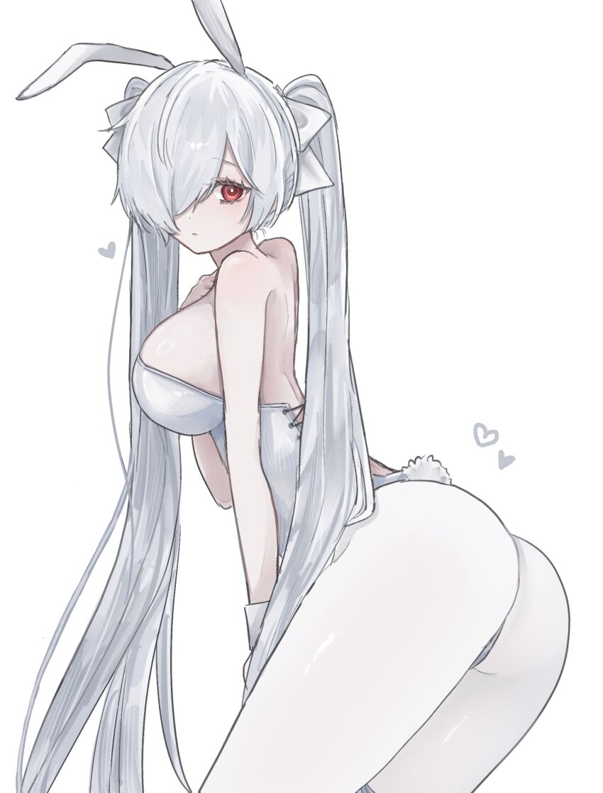 1girl alternate_costume animal_ears cinderella_(nikke) fake_animal_ears fake_tail goddess_of_victory:_nikke hair_over_one_eye highres leotard nigmgm_o one_eye_covered pantyhose playboy_bunny rabbit_ears rabbit_tail red_eyes simple_background solo tail twintails white_background