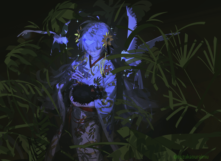 1girl absurdres animal bird black_cat cat closed_eyes flower from_above hair_flower hair_ornament highres holding holding_animal holding_cat isekaijoucho japanese_clothes kamitsubaki_studio kimono plant solo suzukasuraimu virtual_youtuber white_kimono