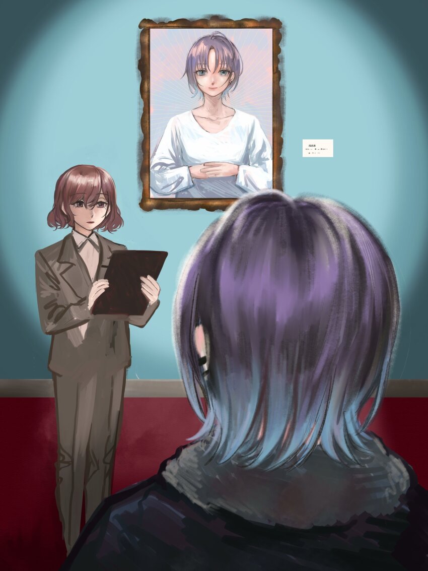2girls alternate_costume art_gallery asakura_toru black_jacket blue_hair brown_eyes brown_hair brown_jacket brown_pants brown_suit clipboard closed_mouth dress ear_piercing expressionless formal_clothes fur-trimmed_jacket fur_trim gradient_hair highres higuchi_madoka holding holding_clipboard idolmaster idolmaster_shiny_colors indoors jacket long_sleeves looking_at_another multicolored_hair multiple_girls own_hands_together painting_(object) pants piercing purple_hair short_hair standing suit white_dress yamaichi_(yama3ichi4)