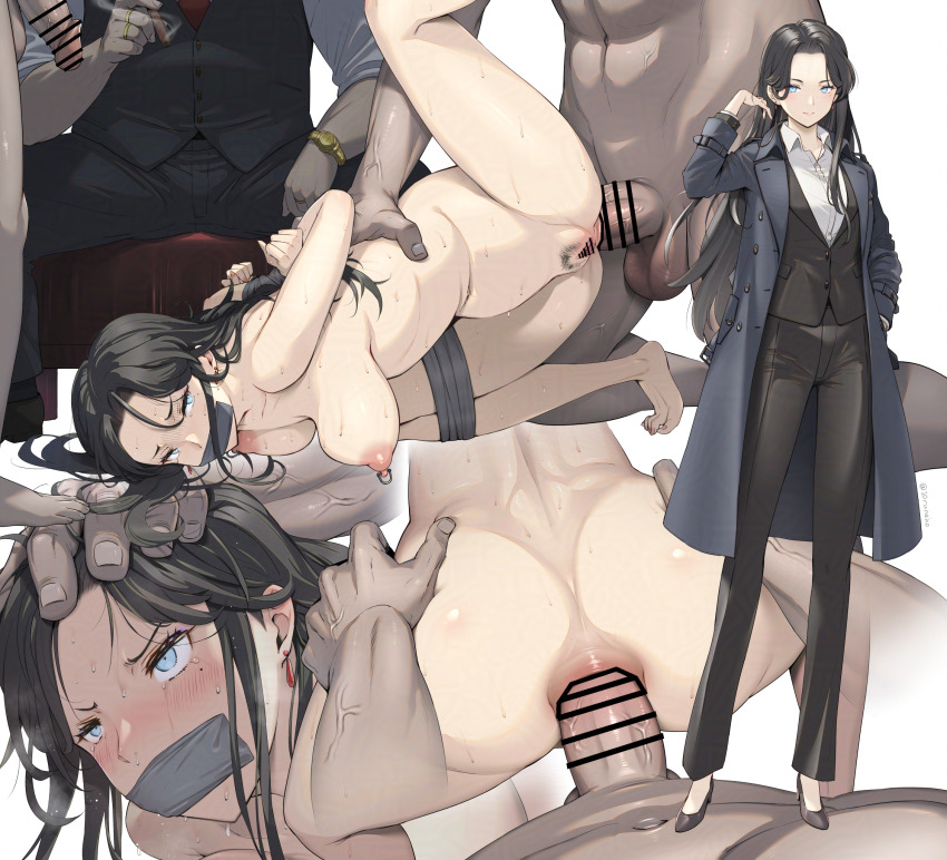 1girl 2boys anal ass bar_censor black_coat black_hair black_pants black_pubic_hair blue_eyes blush breasts censored coat commentary_request completely_nude earrings female_pubic_hair highres jewelry long_hair medium_breasts multiple_boys nipple_piercing nipples nude original pants penis piercing pubic_hair pussy sex sex_from_behind shirt shoes simple_background smile thighhighs toruneko white_background white_shirt