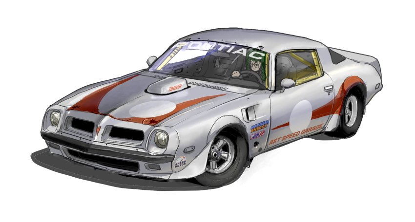1girl asterozoa black_eyes braid car commentary english_commentary green_hair highres motor_vehicle muscle_car original pontiac pontiac_firebird round_eyewear sketch twin_braids vehicle_focus vehicle_name white_background