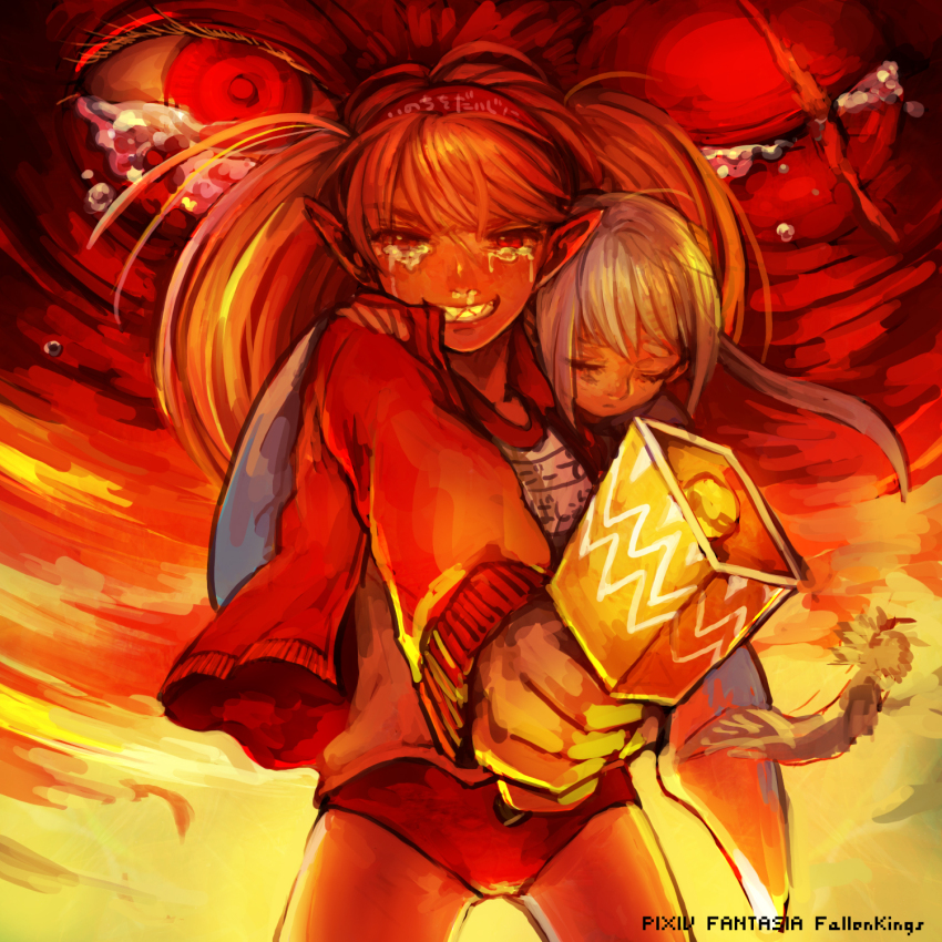 2girls akaneko_(redakanekocat) bell buruma closed_mouth commentary_request copyright_name crying crying_with_eyes_open falling_feathers feathers grey_hair grin highres holding holding_bell jacket long_sleeves looking_at_viewer multiple_girls pixiv_fantasia pixiv_fantasia_fallen_kings red_buruma red_eyes red_hair red_jacket sharp_teeth smile tears teeth twintails